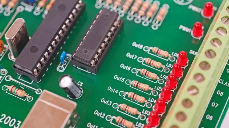 Closeup detail of an electronics circuit board