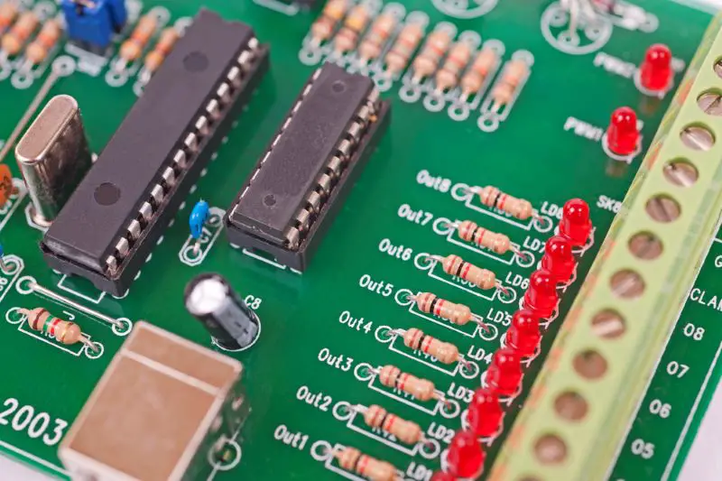 Closeup detail of an electronics circuit board