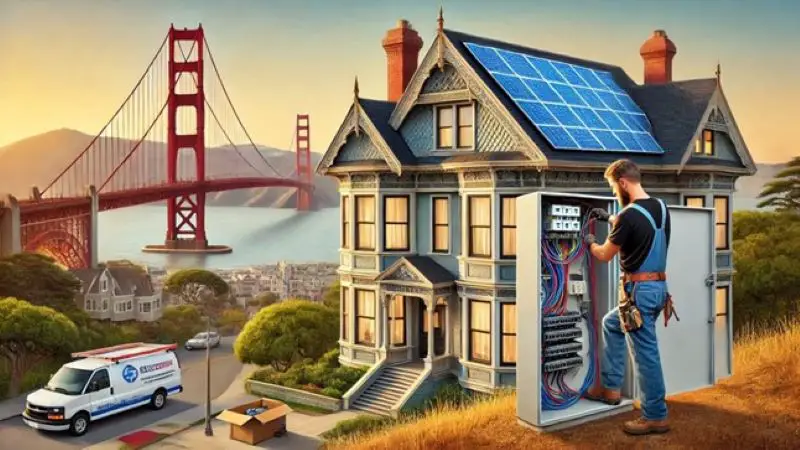 Ai generated image of electrician working on electrics of old property overlooking golden gate bridge San Francisco