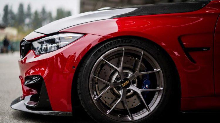 LOS ANGELES, UNITED STATES – Sep 23, 2019: Red modified m3 bmw with carbon fiber details.