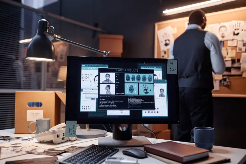 Computer with case file on screen in detectives office