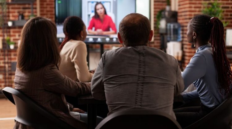 Executives managers people discussing project ideas with remote leader